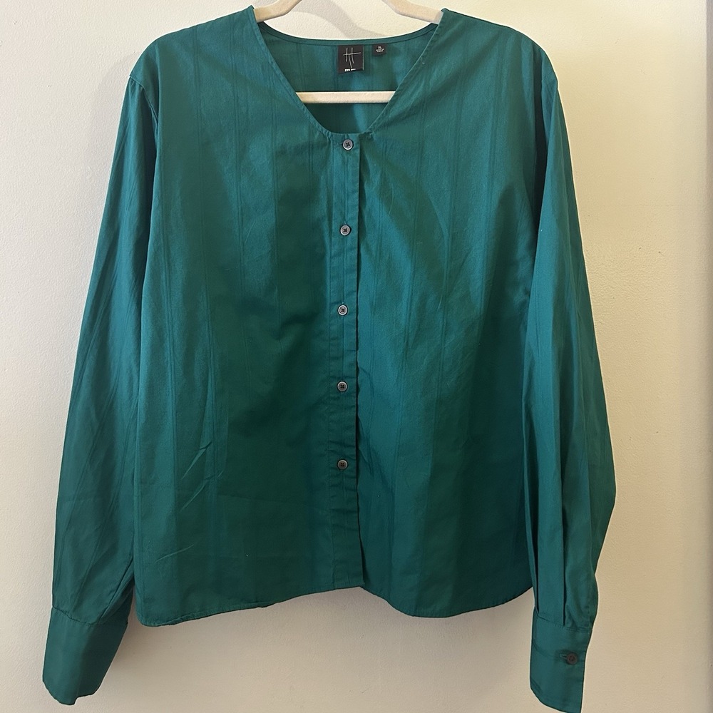 Uniqlo x Hana Tajima Dobby Cotton V-Neck Button Blouse Teal Green Long Sleeve XL